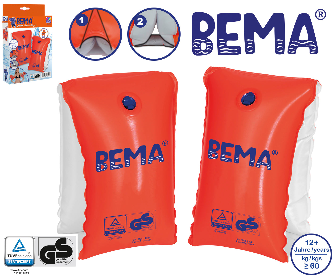 BEMA® Schwimmflügel, orange, Größe 2, 60+ kg, 12+ Jahre